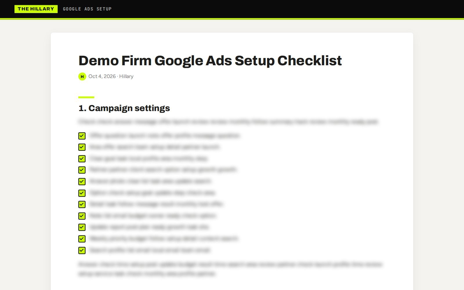 Google Ads Setup Checklist, Setup checklist by Hillary Scott