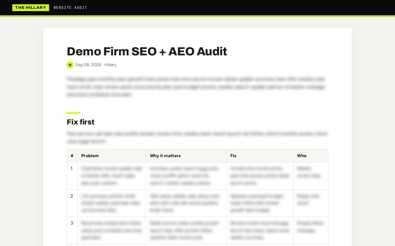 SEO & AEO Website Audit, Website audit by Hillary Scott